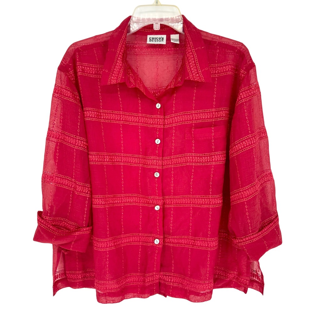 Vintage Chicos Semi-Sheer Embroidered Button Front Boxy Top Red Size 3(XL) Artsy